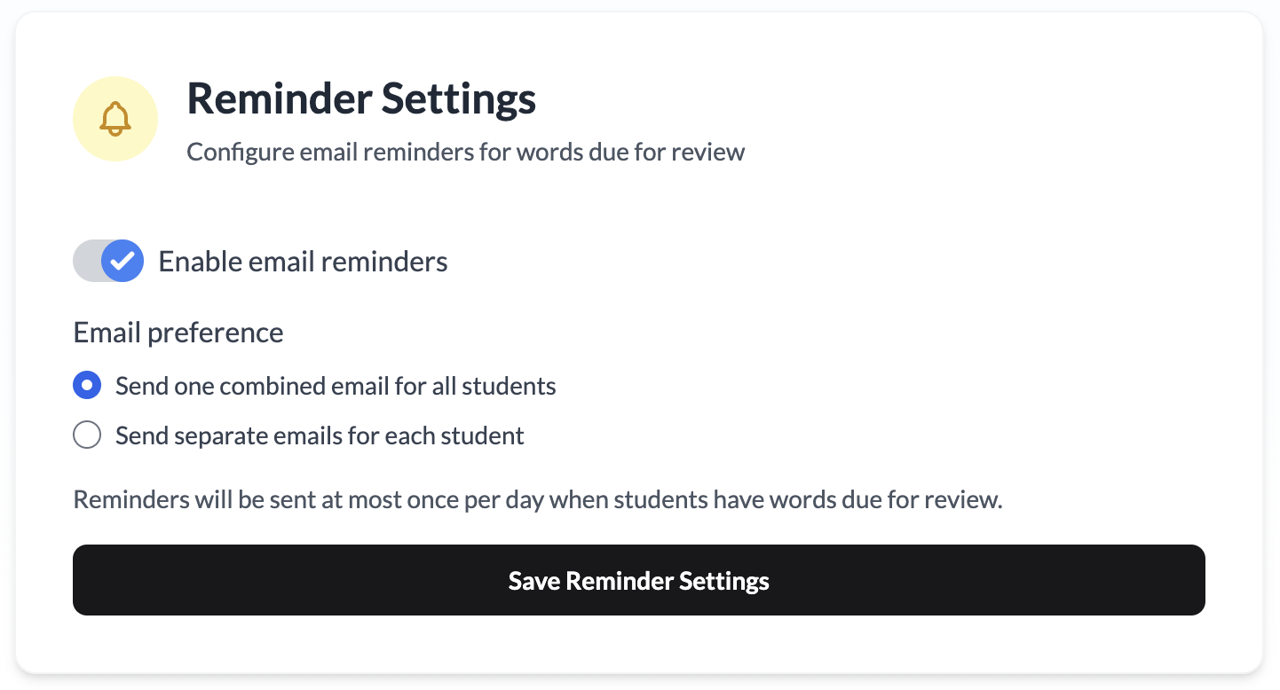 Reminder settings interface